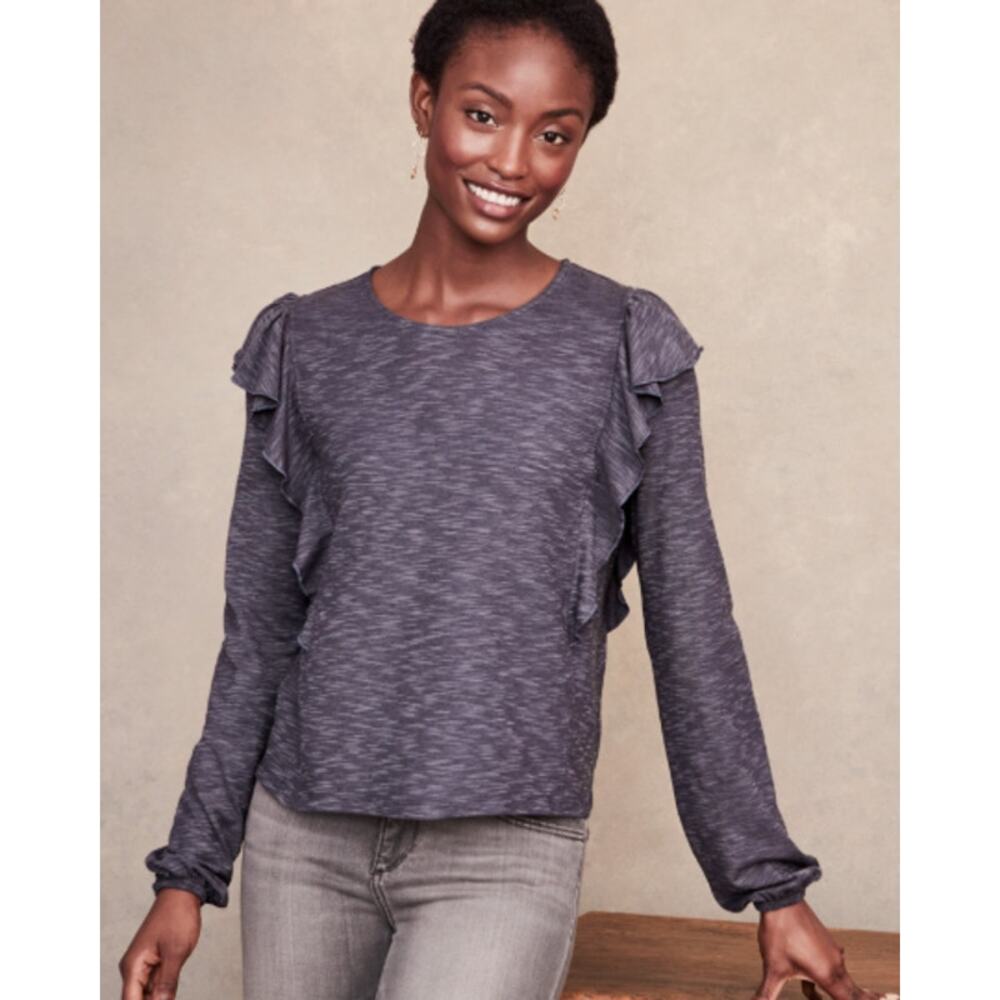 Garnet Hill Reia Ruffle Shoulder Top Gray Long Sleeves Cotton Tencel L